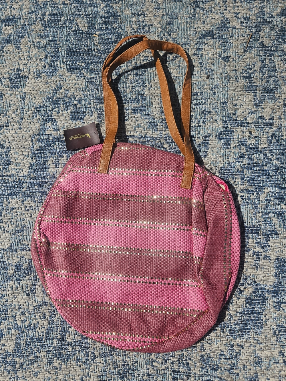 Pink Striped Round Tote Bag by Karma